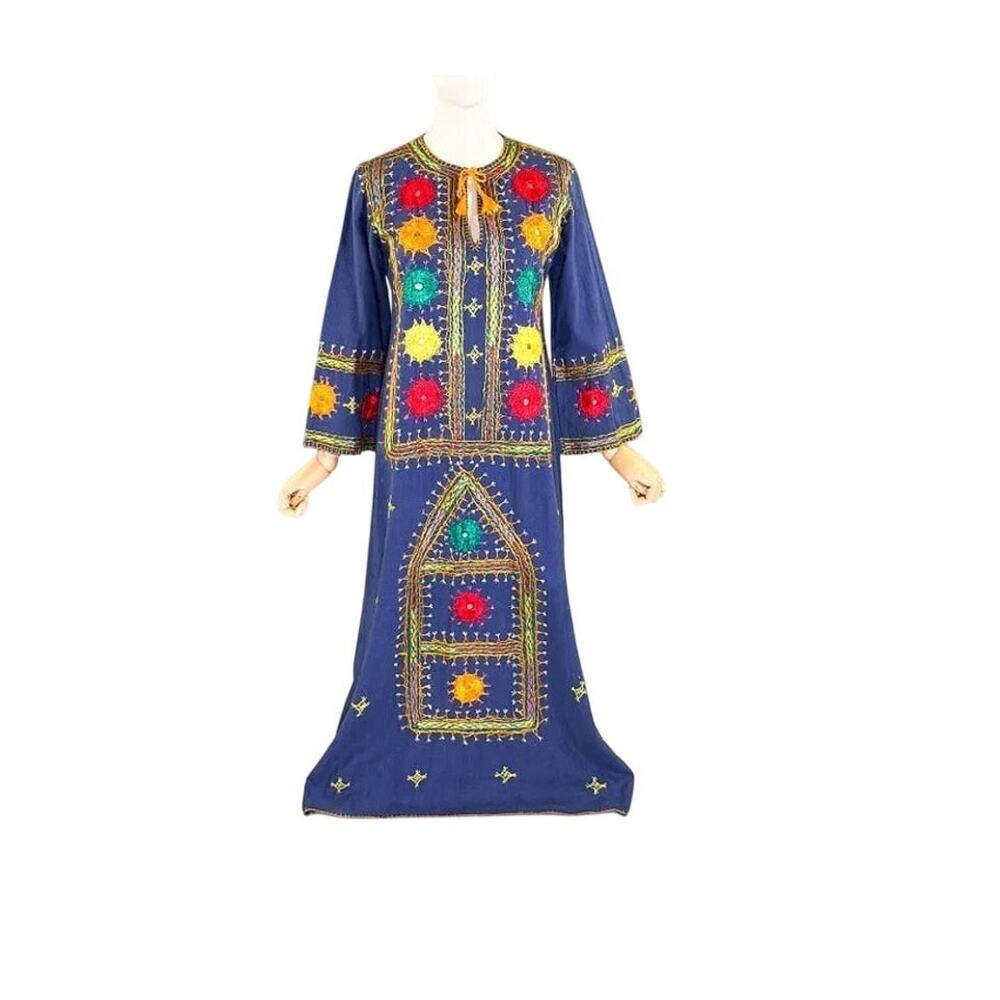 1970s Hand Embroidered Blue Kaftan with Bell Sleeves